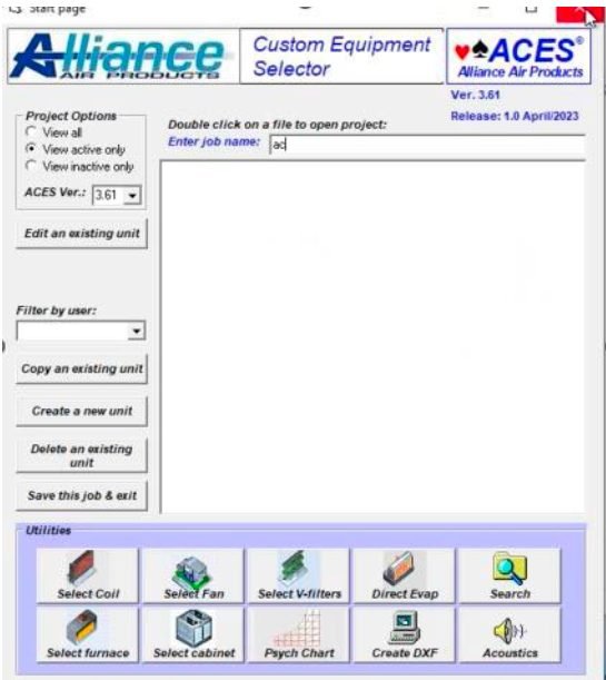 ACES — start page: job selection behind VPN and RemoteApp