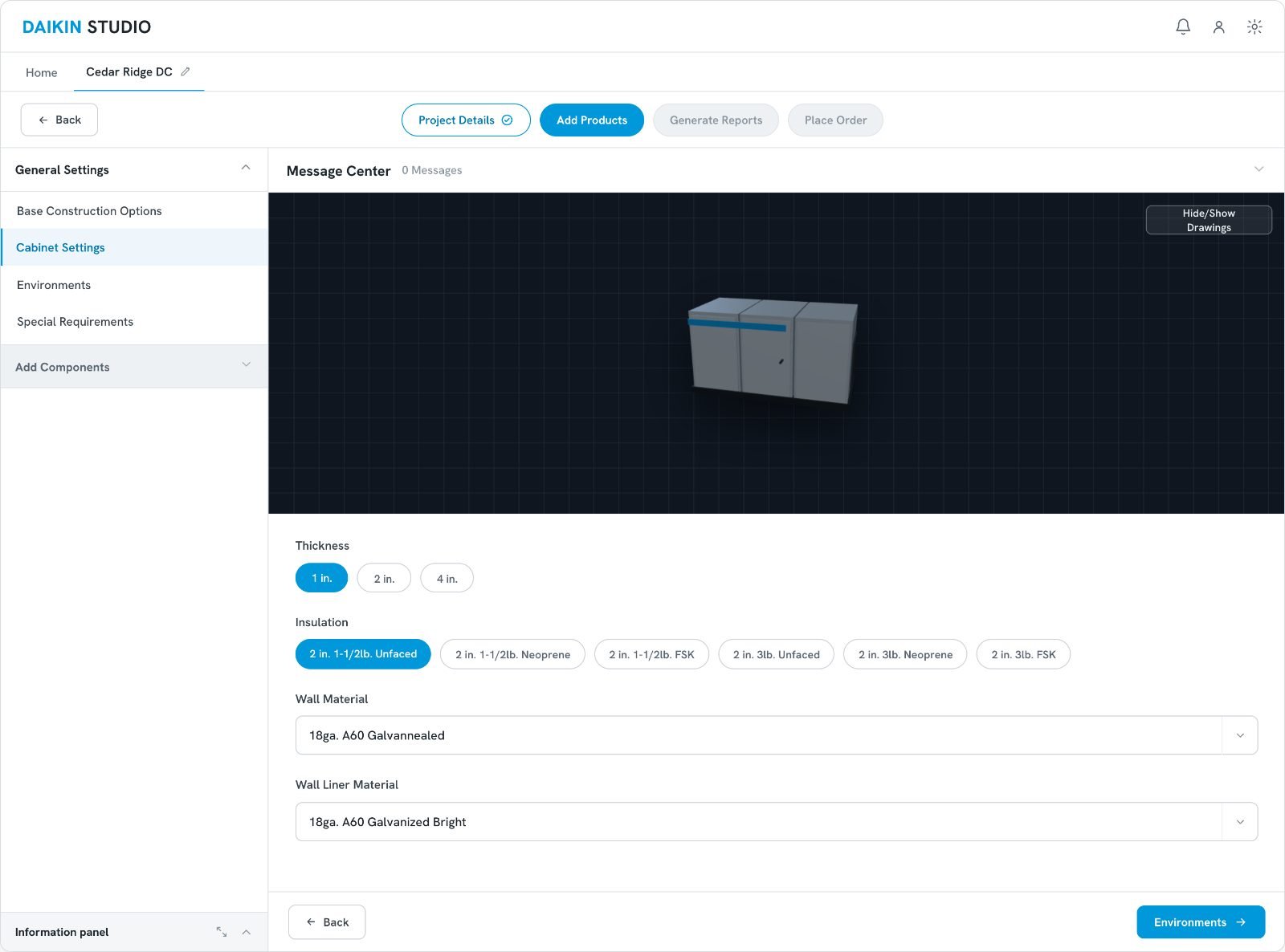 Daikin Studio — Cabinet Settings with live 3D model