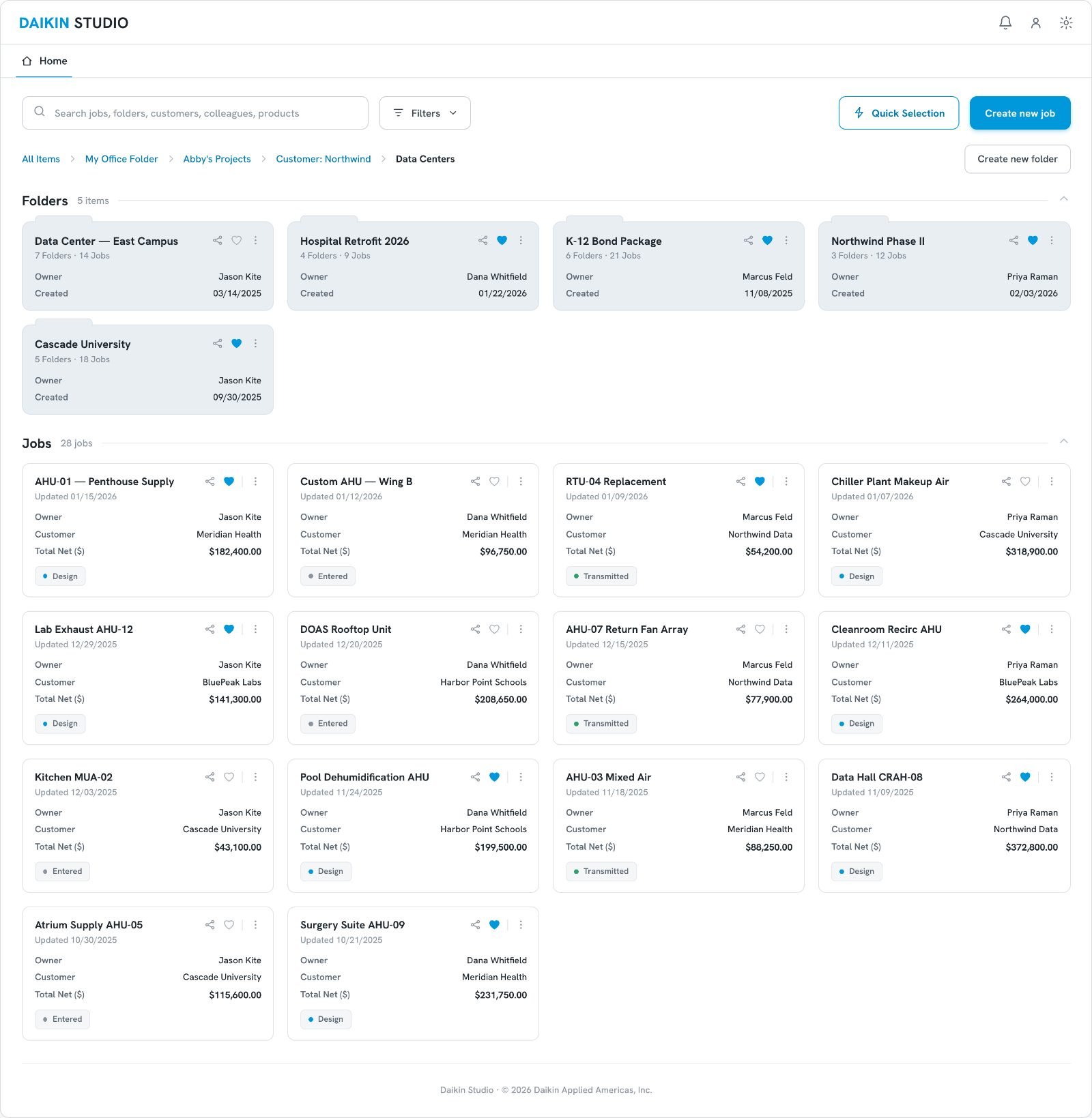 Daikin Studio — home dashboard with jobs and folders