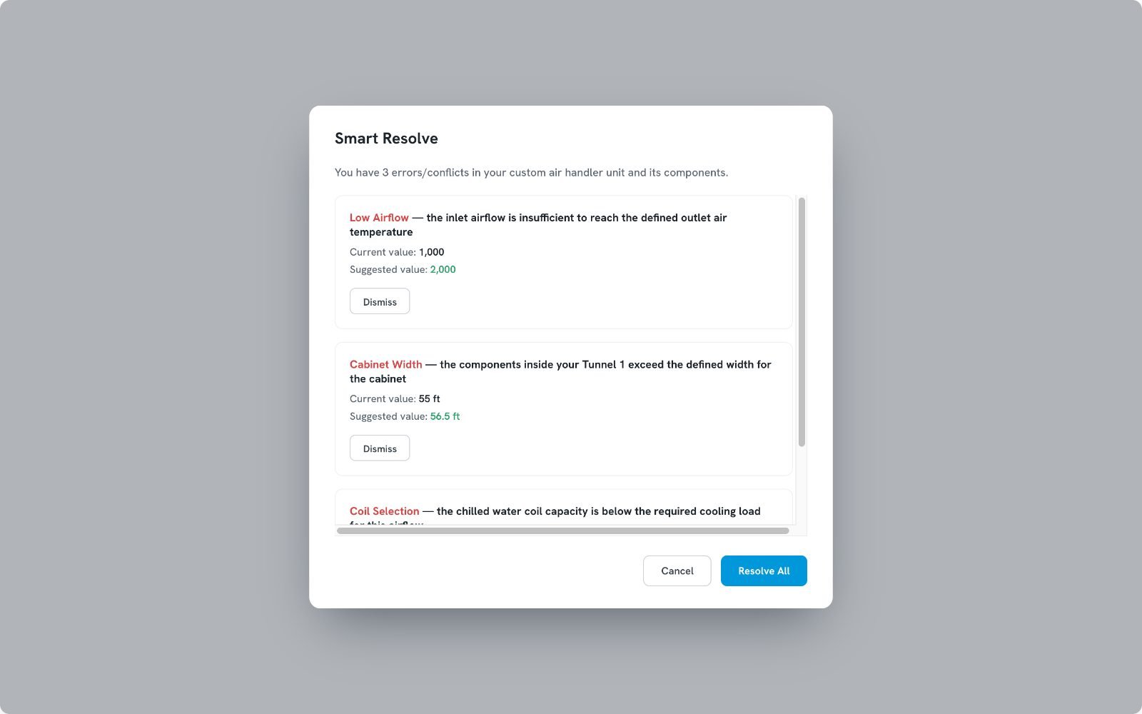 Review modal — three conflicts Smart Resolve can apply at once