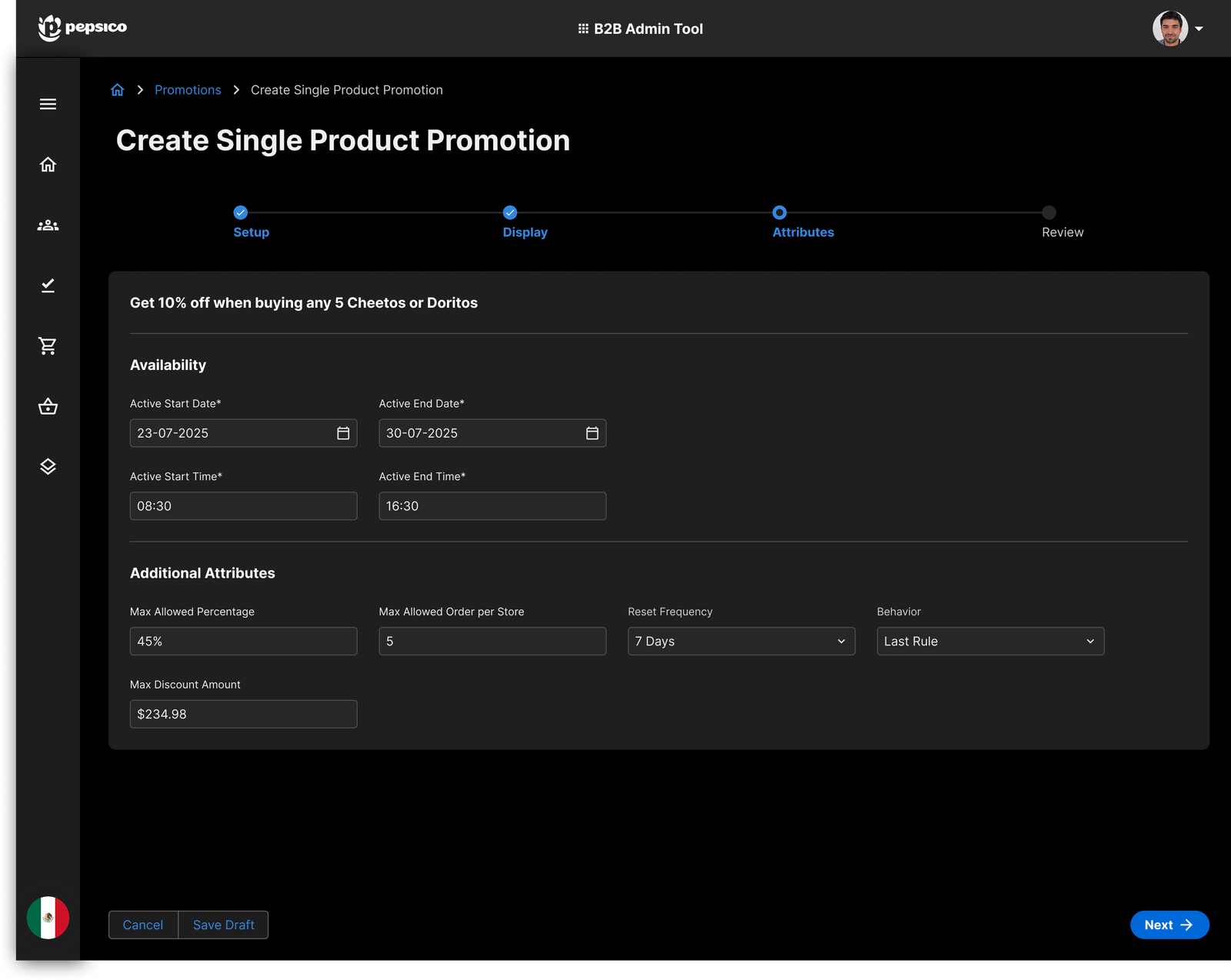 Attributes step — availability and additional attributes