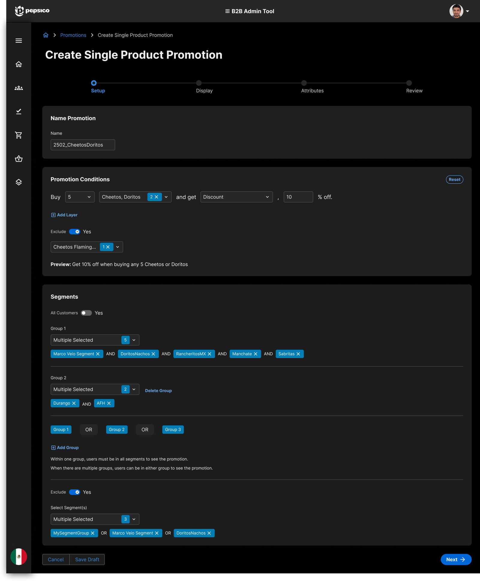 Setup step — name, conditions and segments